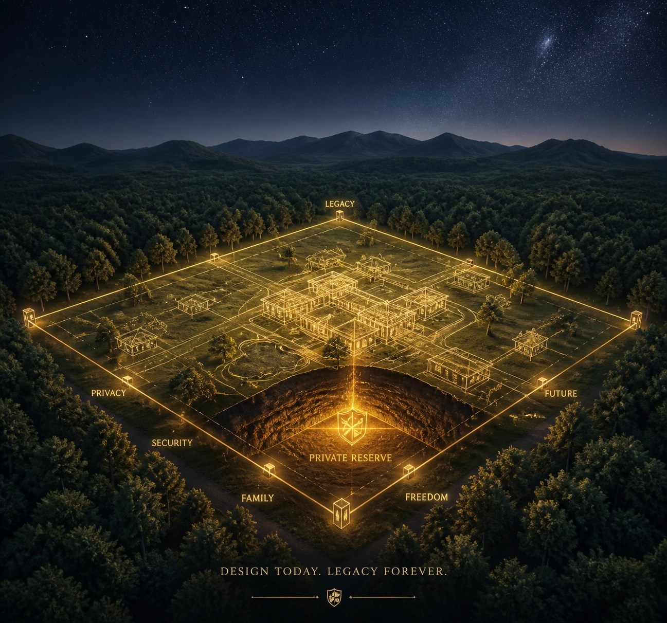 Architectural blueprint glowing over a plot of land symbolizing secure real estate wealth and land banking.