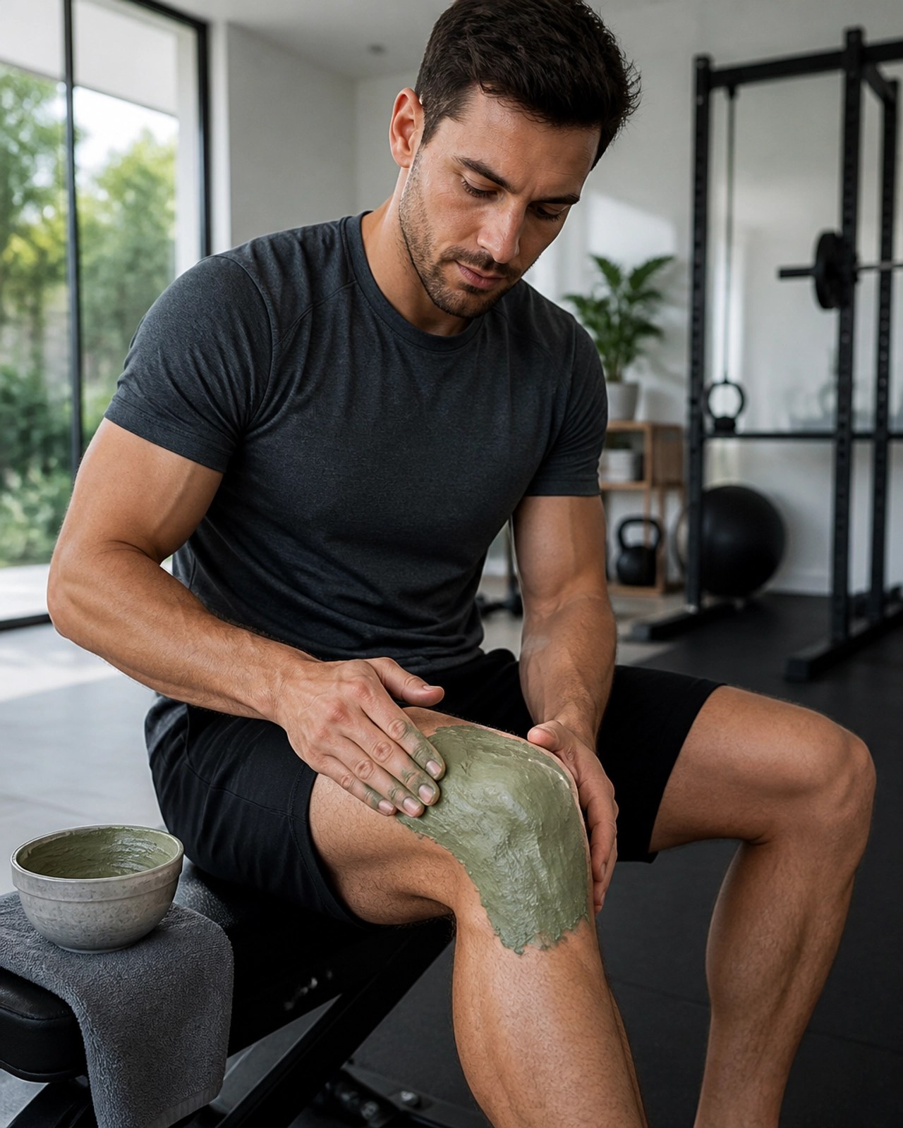 Athlete applying a green clay poultice to their knee for recovery