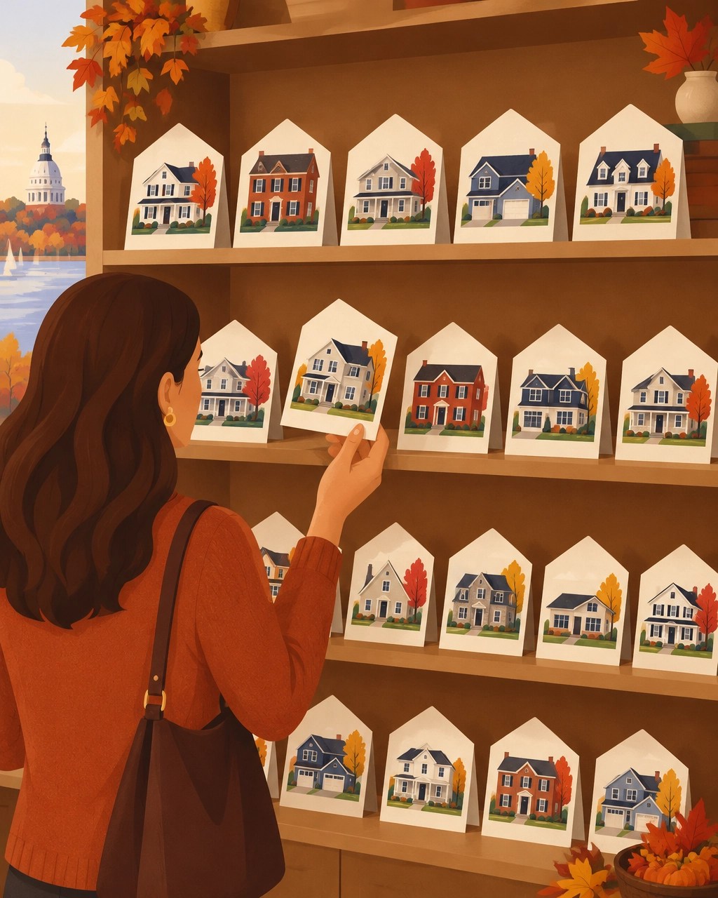 Editorial illustration of home-shaped listing cards arranged like items on a store shelf