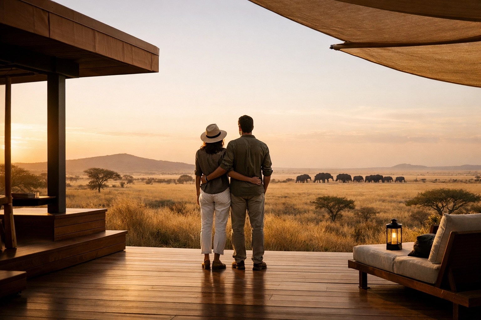 A couple viewing elephants from a luxury safari deck in the Serengeti, part of an adventure travel honeymoon.