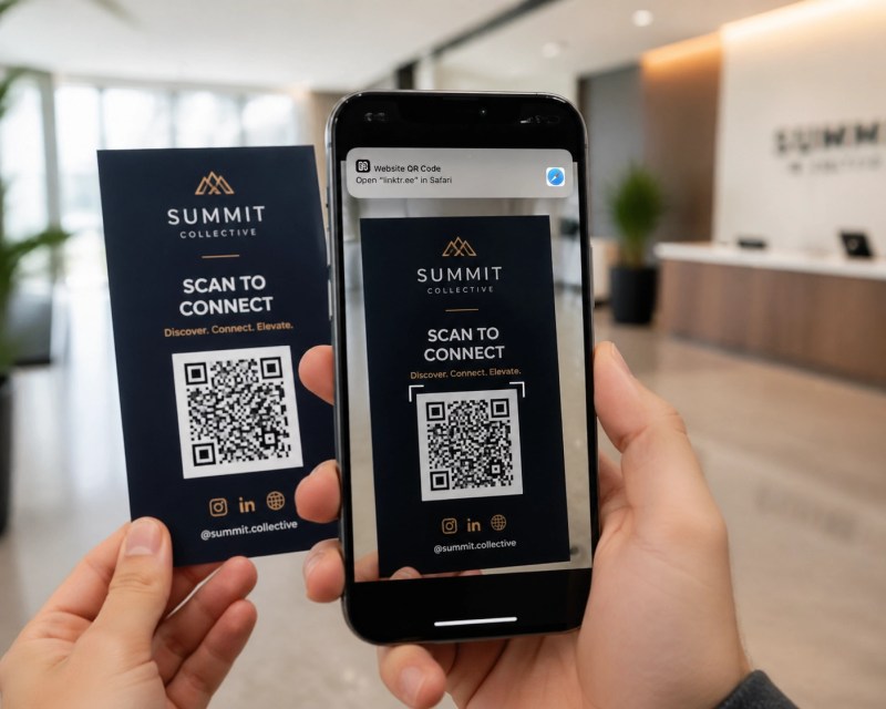 Scanning a QR code on a physical mailer to connect with digital printing services in Rochester.