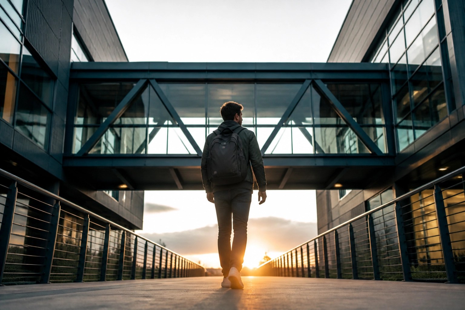 Student walking across a campus bridge representing a successful launchpad for education and career.