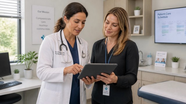 A doctor and clinic manager collaborating in a modern medical consultation room