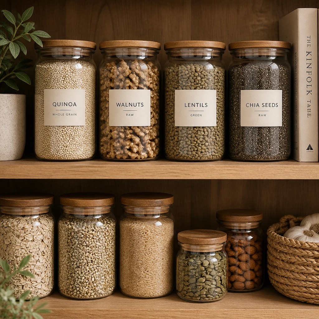 Organized pantry jars with healthy grains and nuts