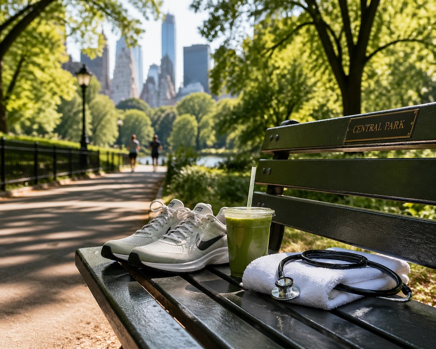 Stethoscope and wellness items in Central Park representing preventive health insurance benefits.