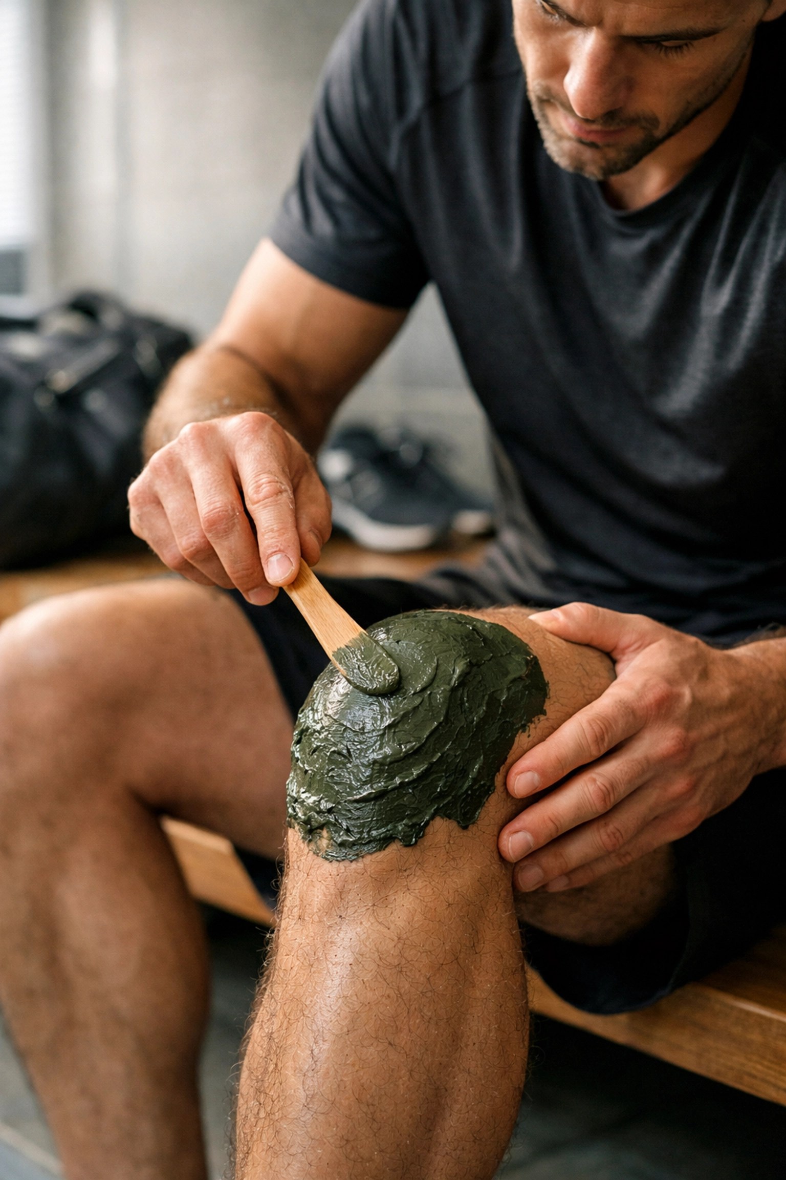Athlete applying a thick green clay poultice to a knee for natural sports recovery and inflammation relief.