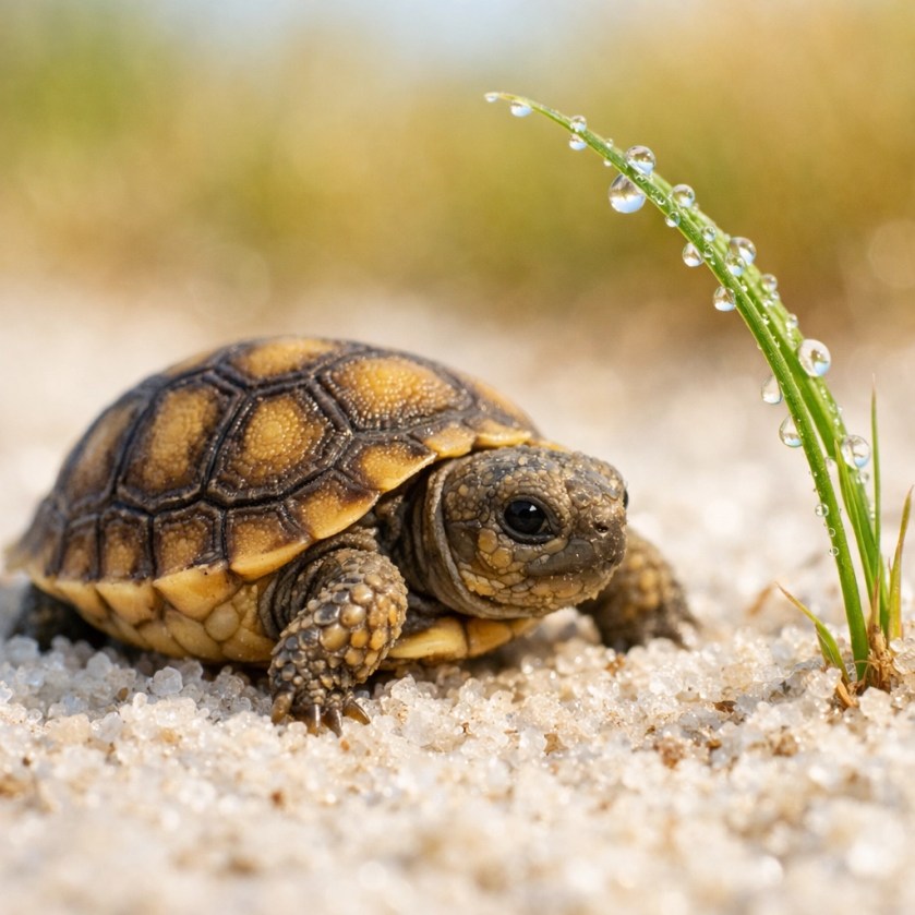 Small gopher tortoise hatchling in Florida scrub habitat, highlighting the importance of seasonal site monitoring.