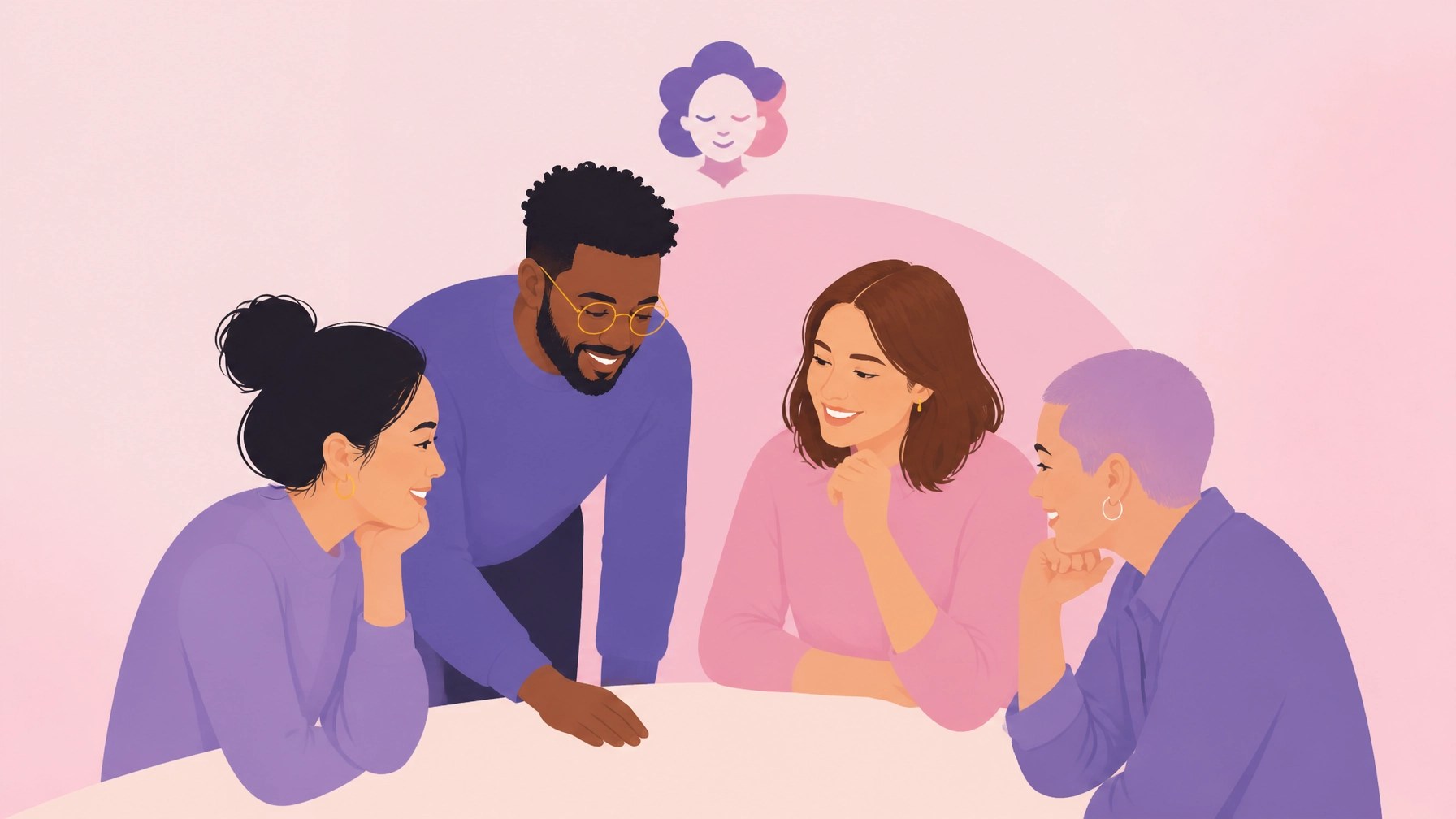 A minimalist pink and purple illustration of a small team collaborating in a calm, simple style.