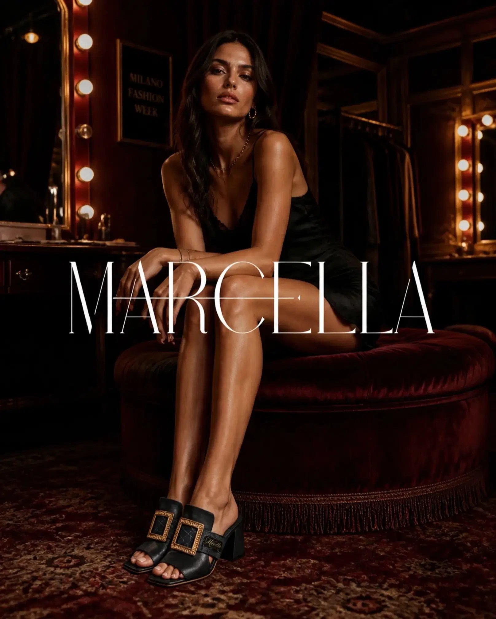 Woman wearing black Marcella luxury mules with gold hardware in an opulent dressing room