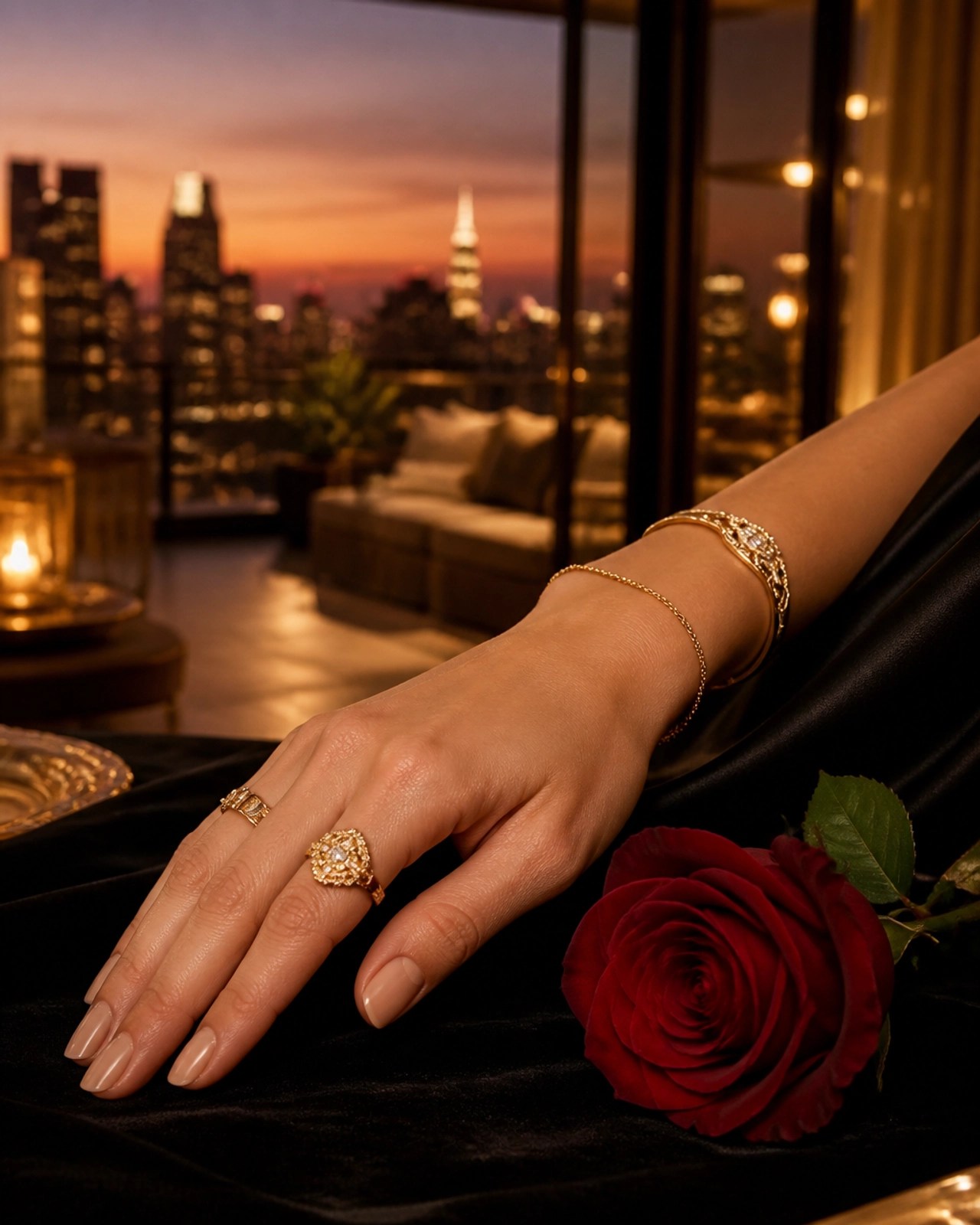 Luxury close-up of a deep red rose and gold jewelry, signifying the opulent self-worth required for soul-aligned magnetism.