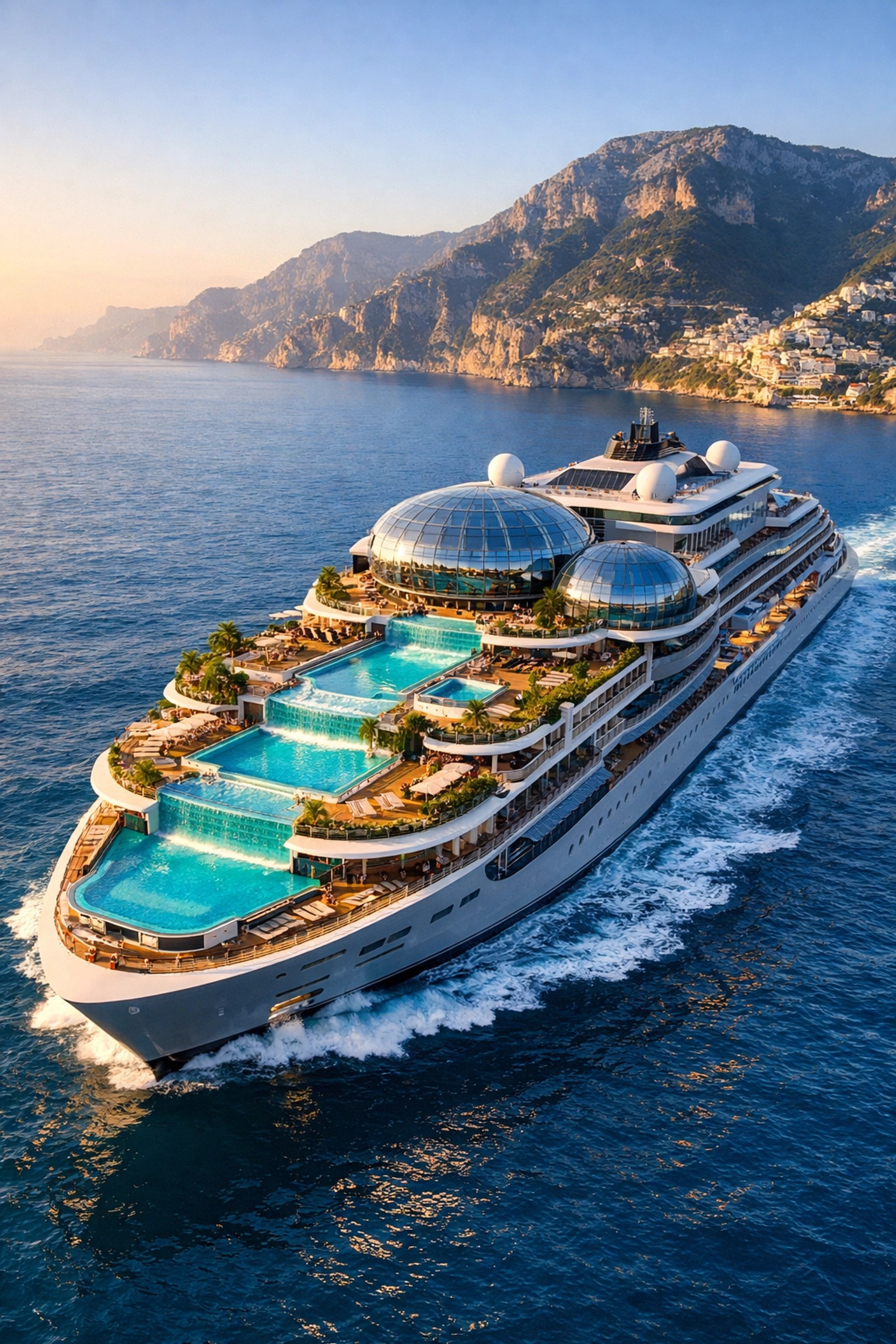 Aerial view of a new luxury cruise ship sailing the Mediterranean Amalfi Coast in 2026.