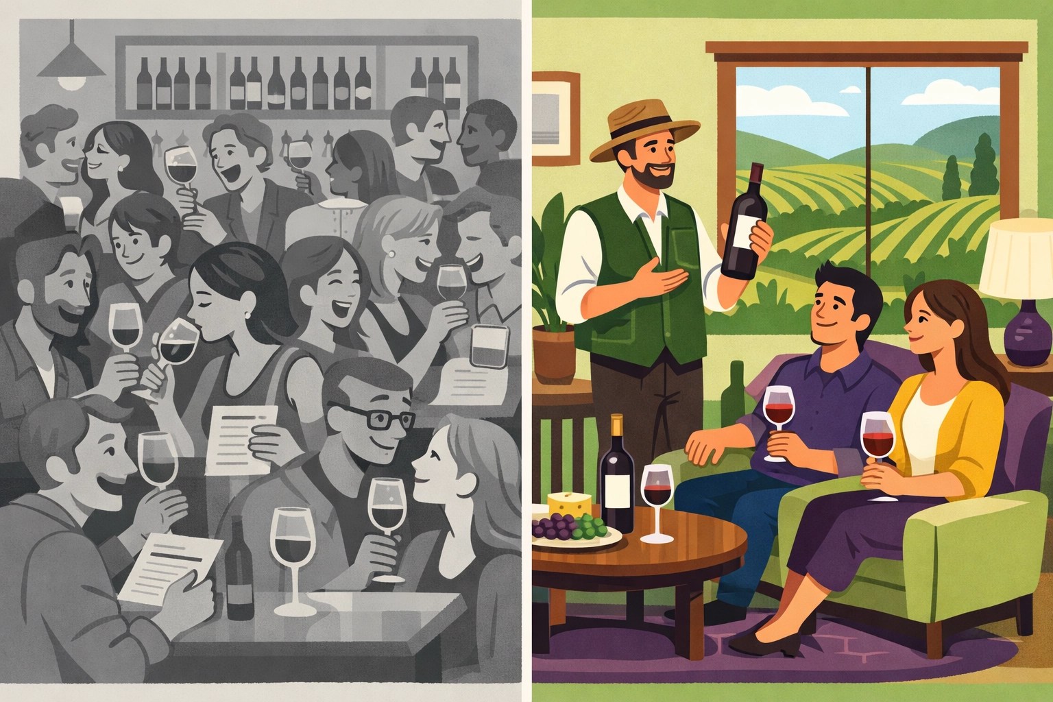 Crowded tasting room versus private wine tasting experience comparison in Virginia