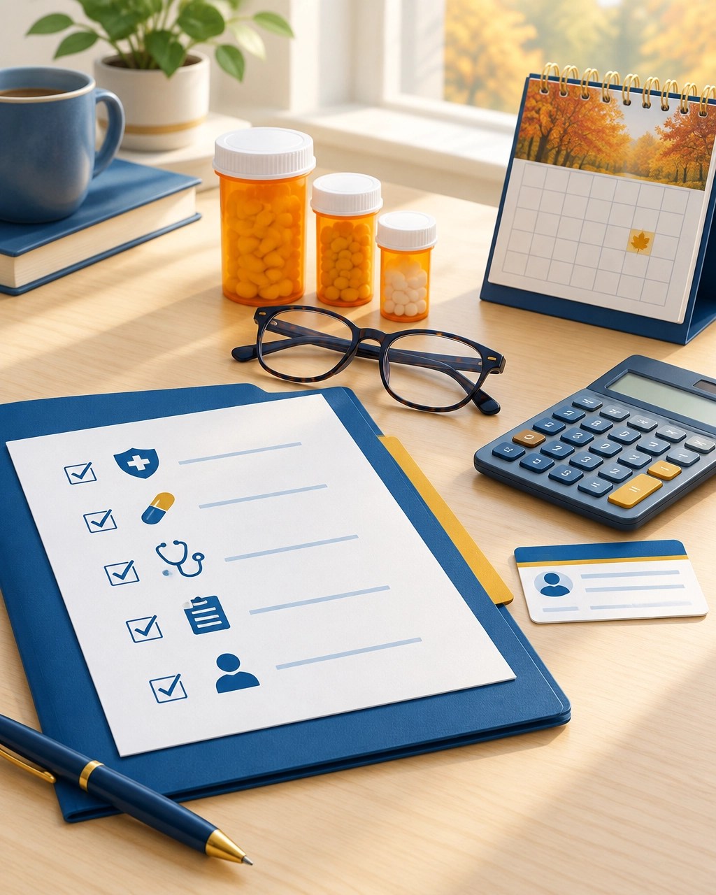 Medicare annual review checklist with prescriptions, provider information, and a fall calendar