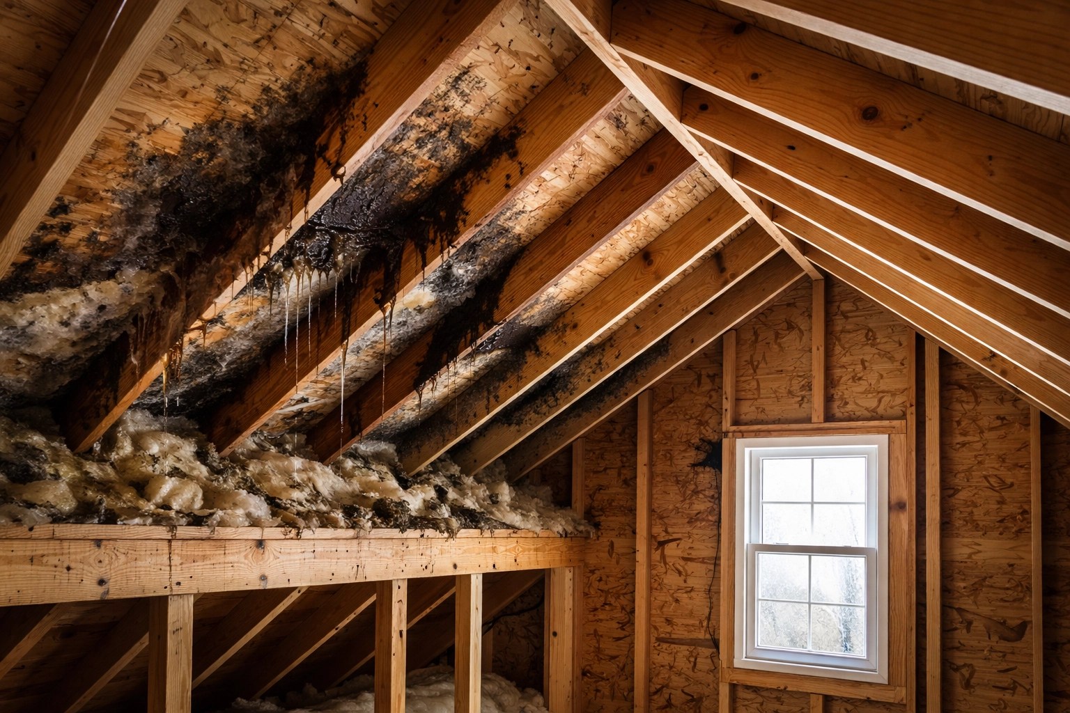 Hidden ice dam water damage and moisture stains visible on attic roof rafters after storm