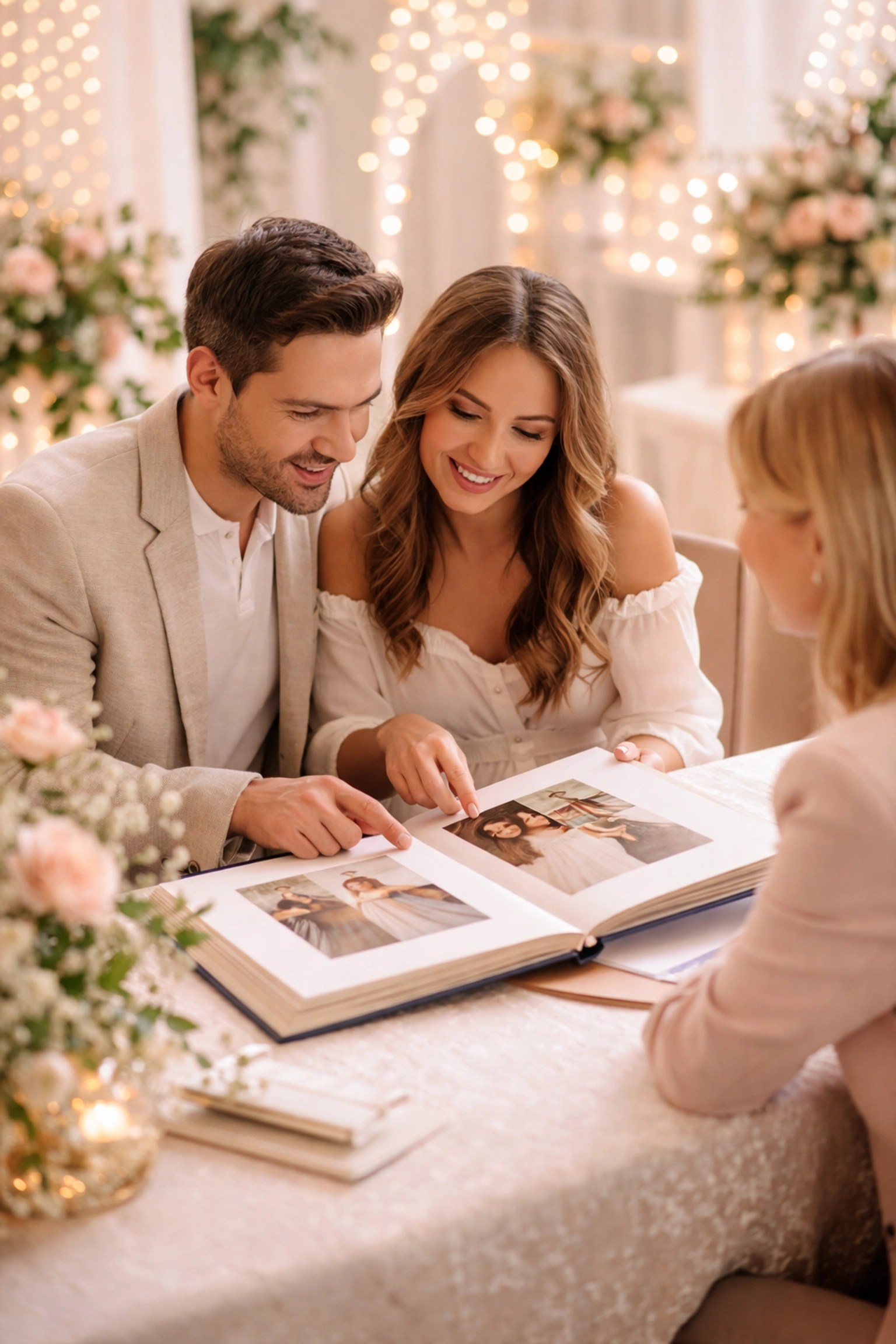 Engaged couple meeting a wedding supplier at a North West wedding fair, reviewing portfolio options together.