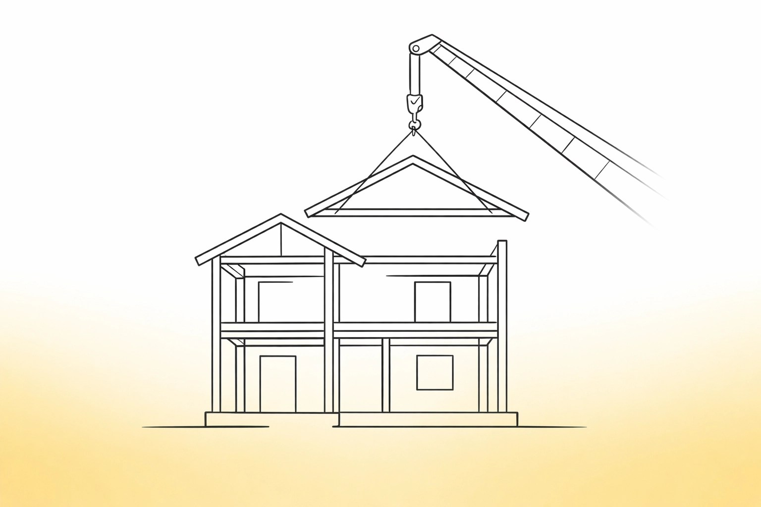 Minimalist illustration of a house frame assembly highlighting affordable $125/sq ft construction.