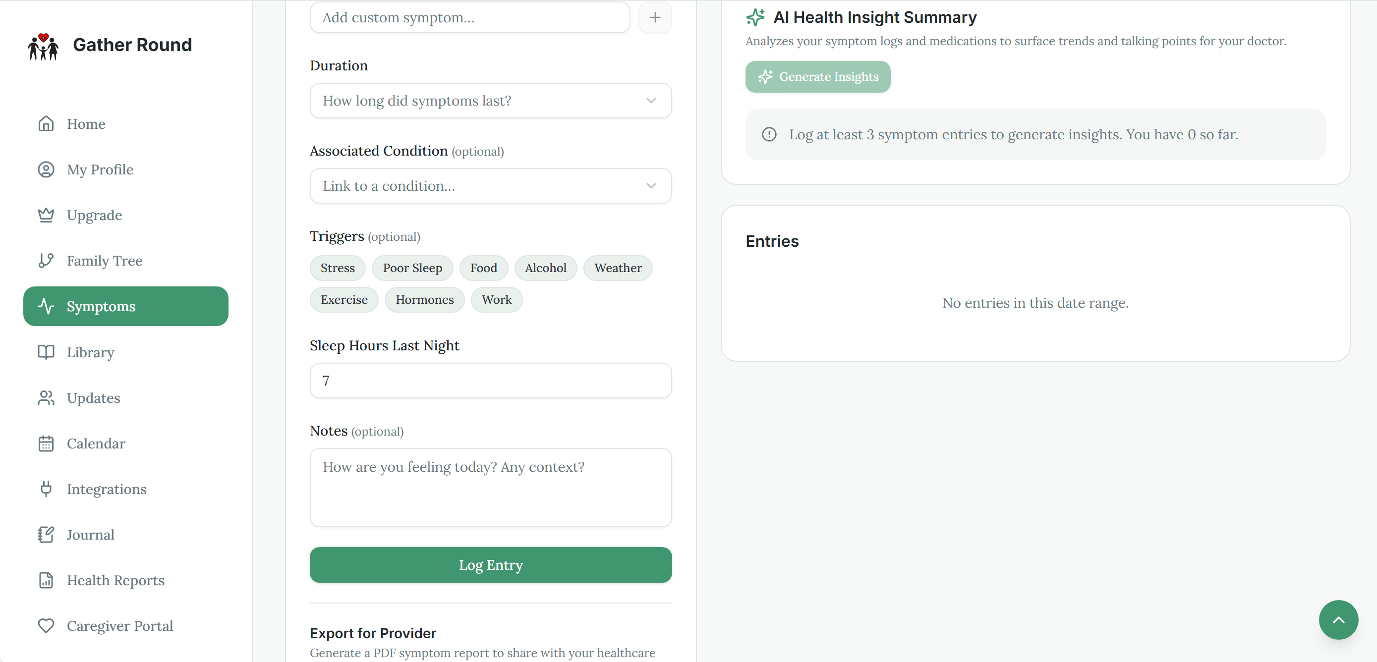 Gather Round symptom tracking interface
