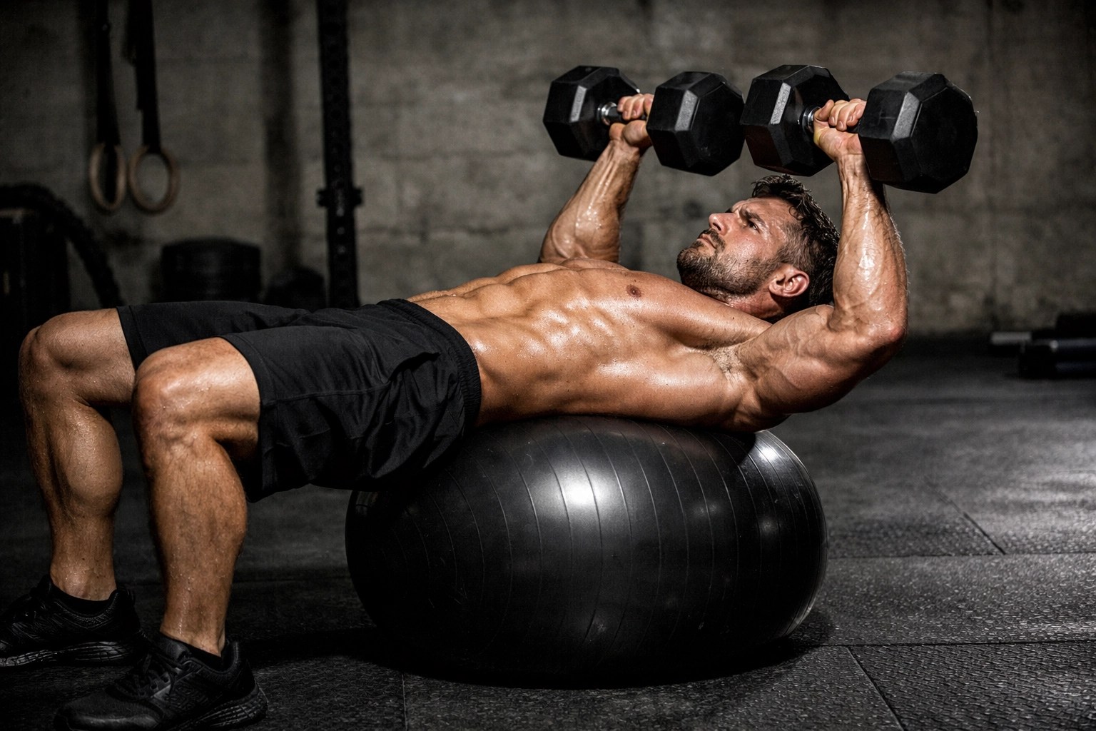 Male athlete performing a stability ball dumbbell press in a perfect bridge position for core engagement.