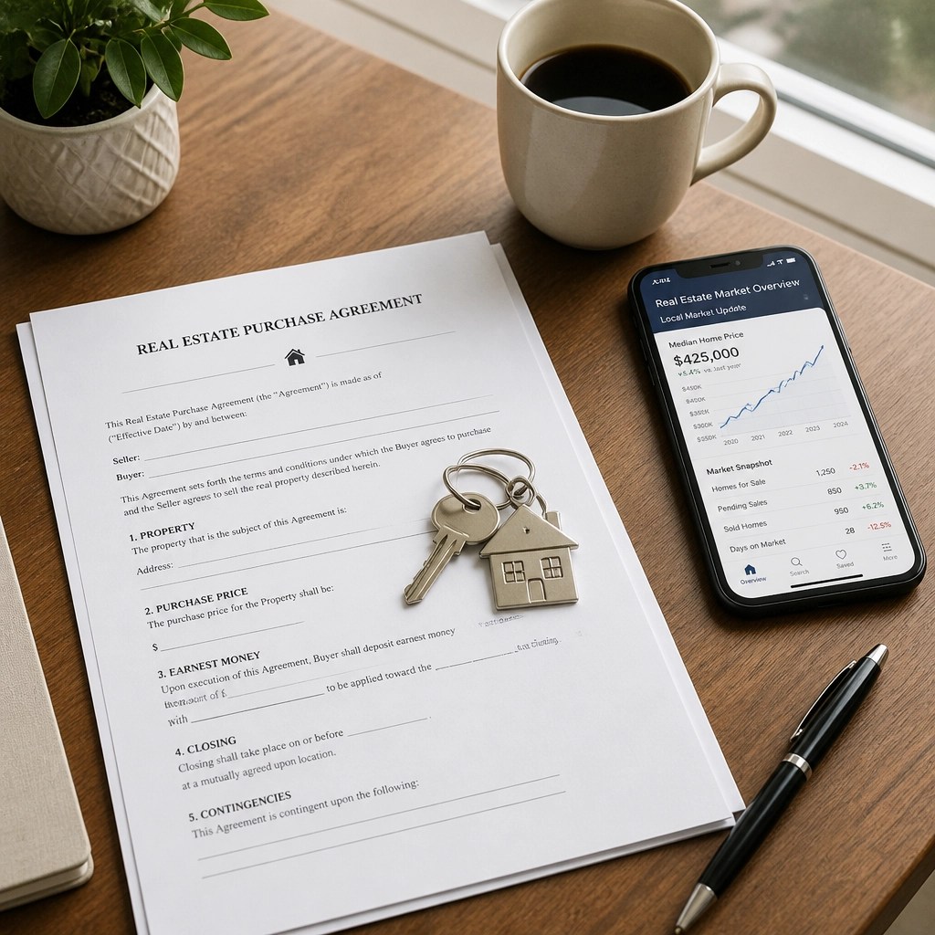 A professional view of a real estate contract, house keys, and a smartphone showing market charts, representing expert guidance.