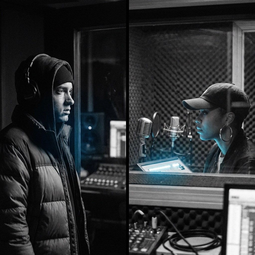 Two hip hop artists in separate recording booths facing each other symbolizing 2Pac and Biggie reconciliation