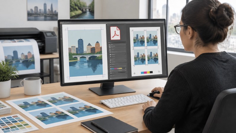 Designer setting up print-ready artwork and file formats in a Rochester print studio