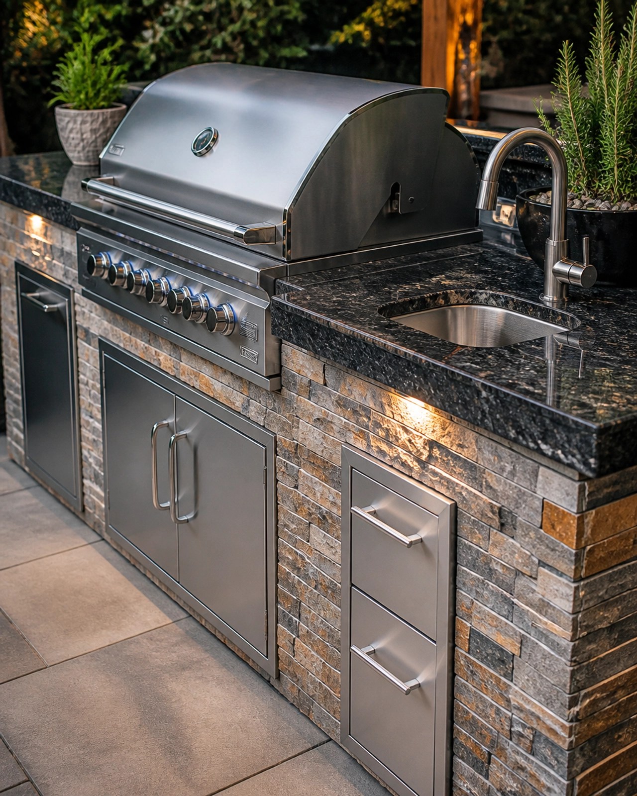 A custom-built outdoor kitchen island with stone siding and granite countertops.