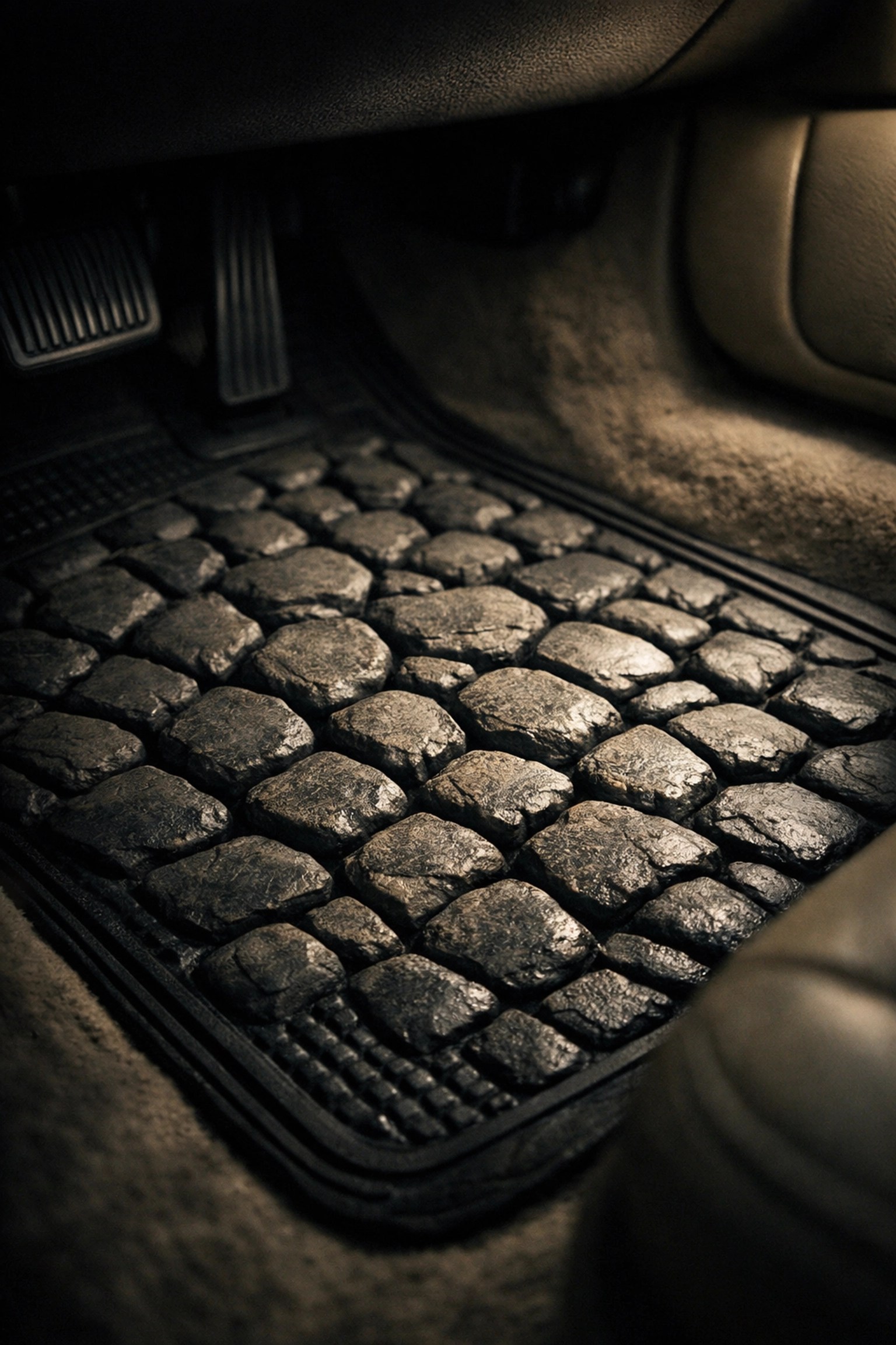 AI-enhanced car floor mat with hallucinated cobblestone texture from failed photo enhancement