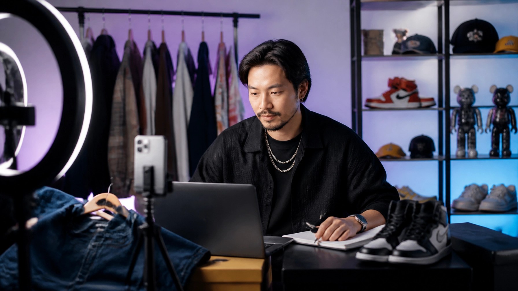 Professional live seller mid-show in a studio with mixed inventory, ring lights, and magenta-purple-blue gradient lighting.