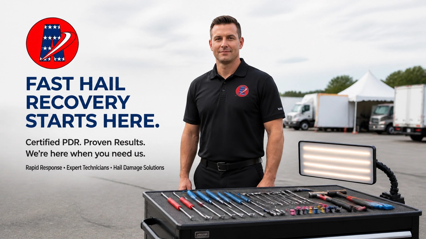 Elite PDR technician standing beside a tool table with Patriot Badge branding