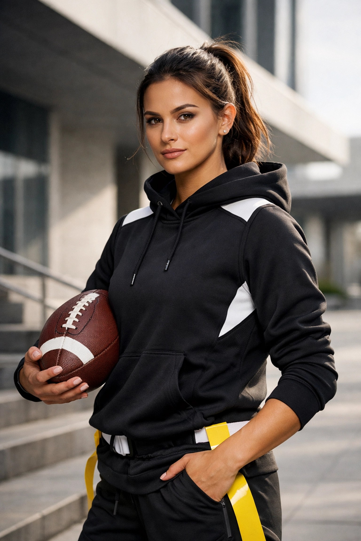 Confident female flag football player benefiting from NIL advisory assistance at iDareU.