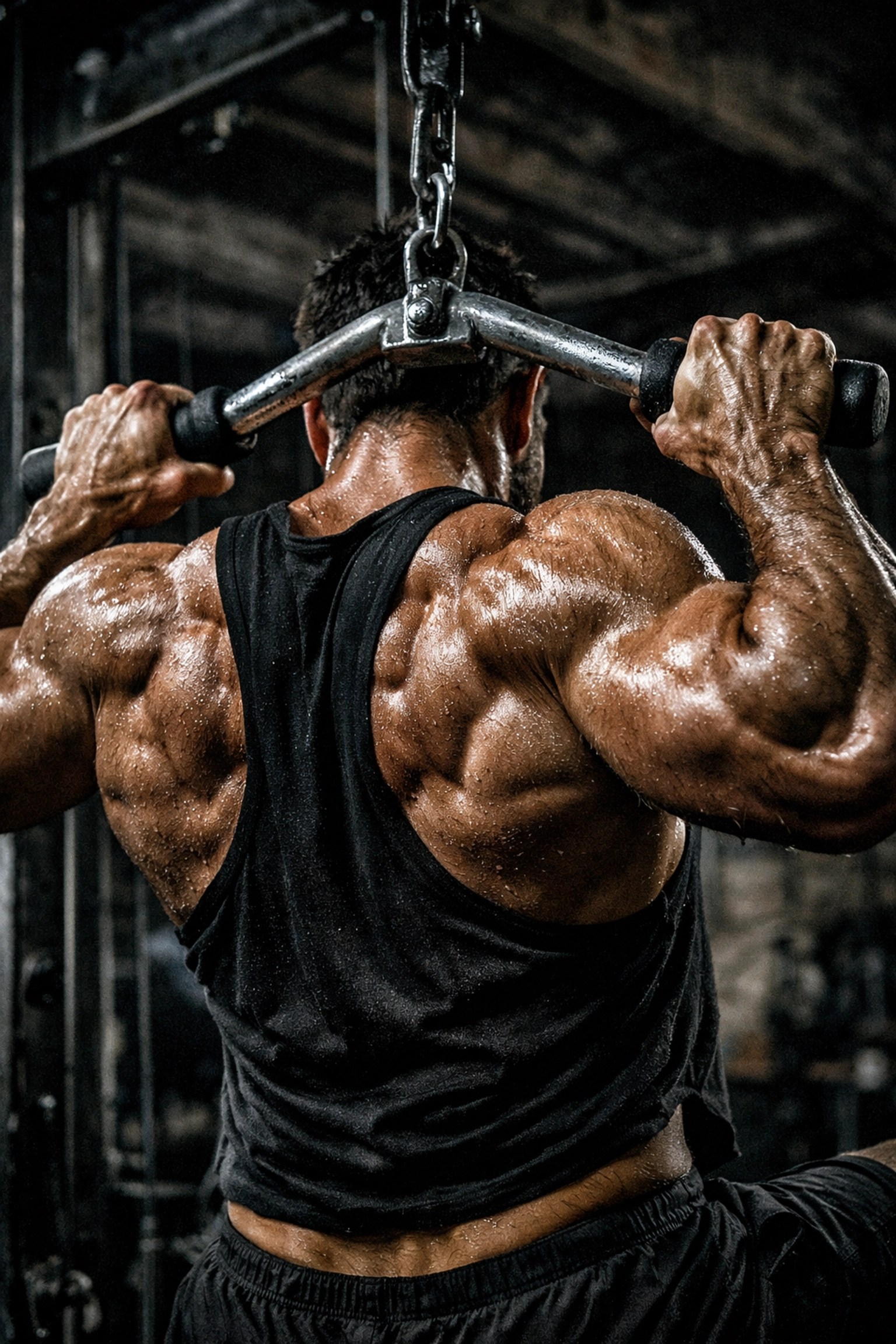 Muscular athlete back contraction during a neutral grip lat pulldown using a V-bar attachment.