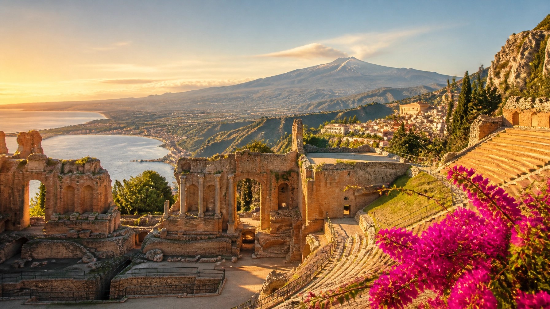 Taormina’s ancient Greek theatre with Mount Etna and the Ionian Sea beyond