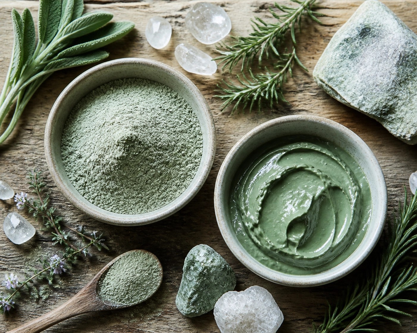 Mineral-rich French green clay powder and paste in ceramic bowls for natural detox and recovery.