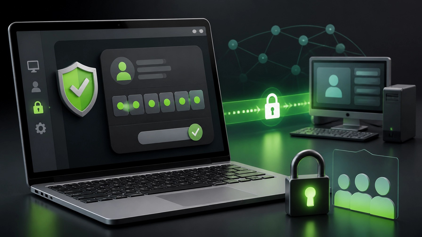 Secure remote IT support illustration showing a laptop, trusted helper, shield, and protected connection