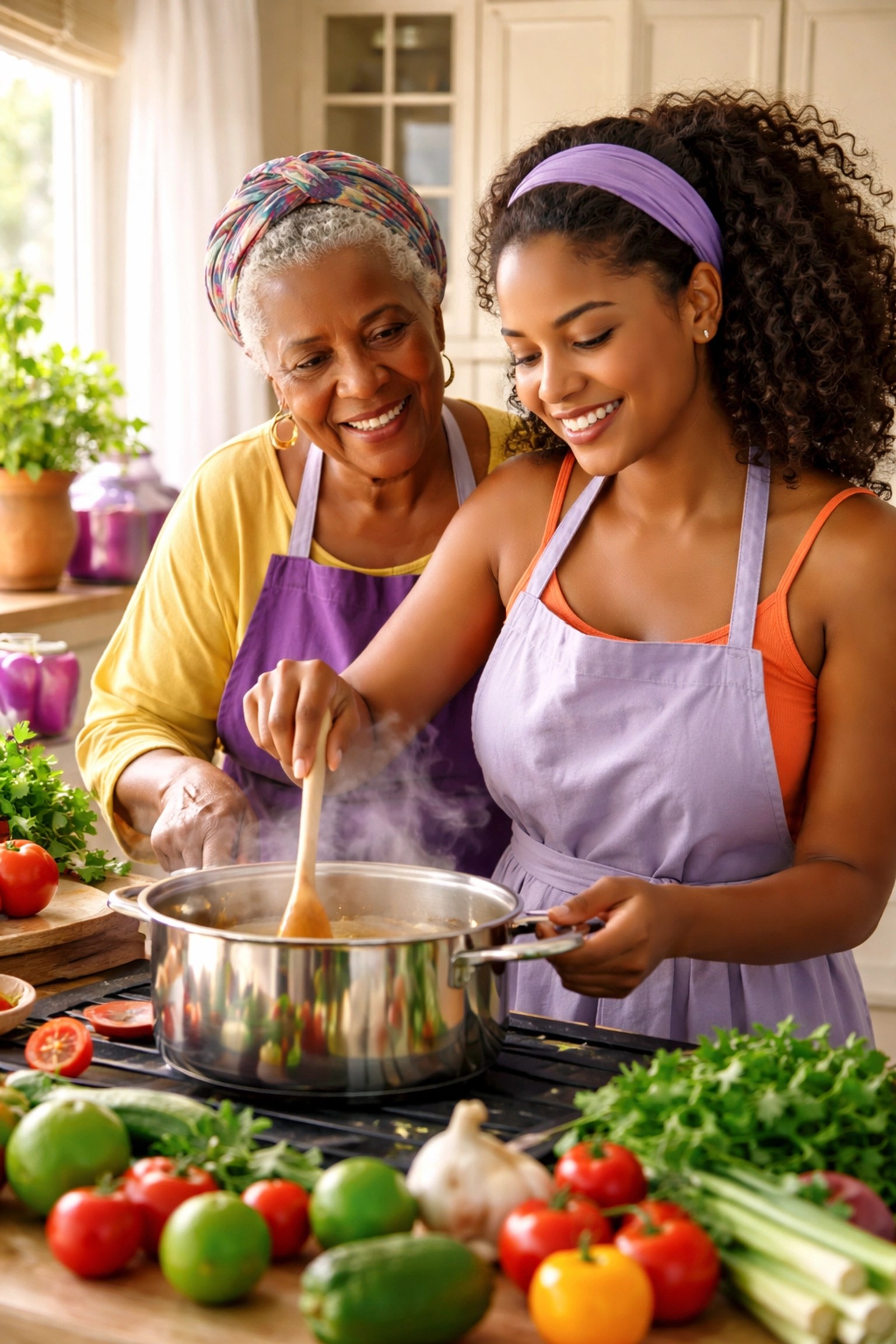 Caribbean grandmother and caregiver cooking together, demonstrating culturally matched senior care at home.