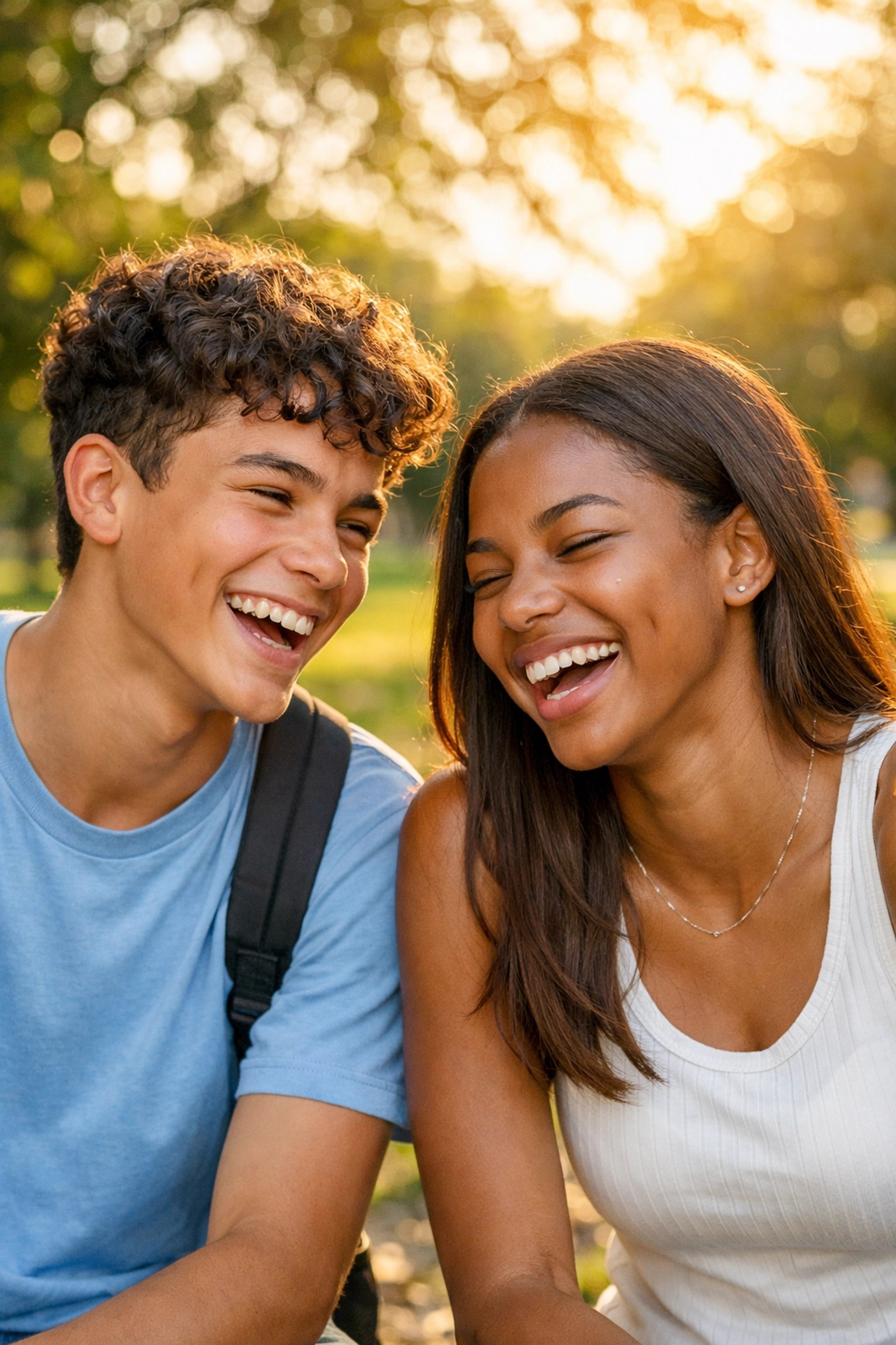 Two teenagers with clear, healthy skin laughing outdoors after a gentle green clay skincare routine.