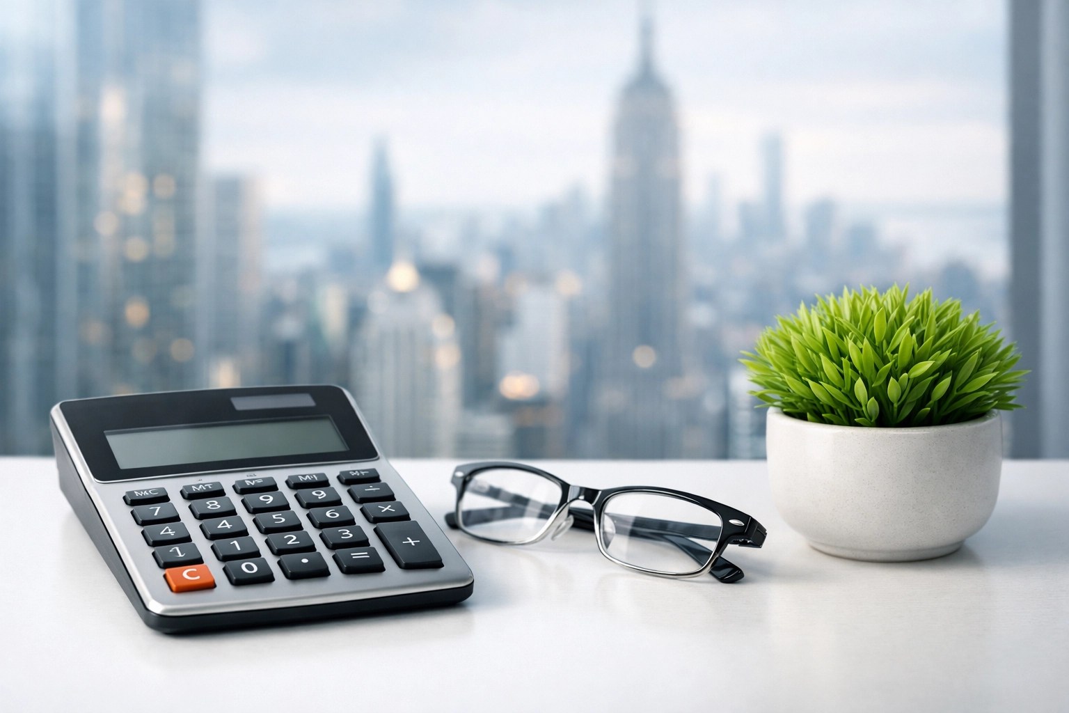 Calculator and office supplies on a desk symbolizing small business health insurance budgeting in New York.
