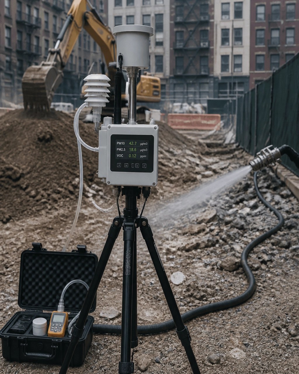 Real-time community air monitoring instruments positioned at the perimeter of an urban excavation site