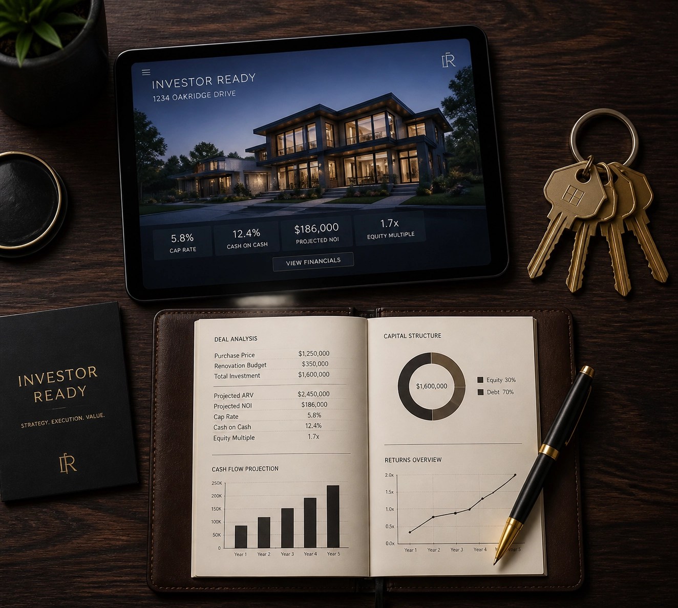 Professional real estate investor desk with house keys and financial charts for Baltimore County deals.