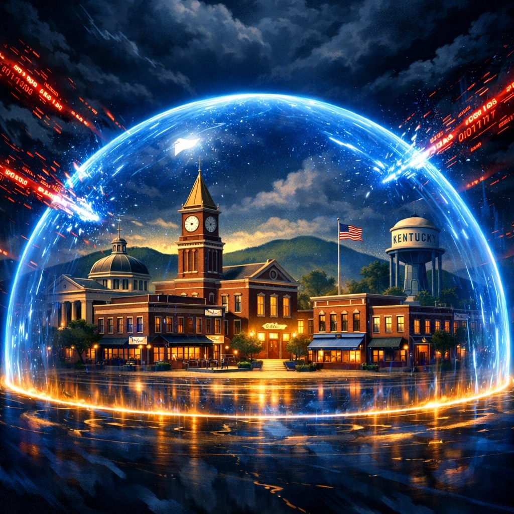 Protective digital shield guarding a Kentucky town from cyber threats, representing IT-Necessity security solutions.