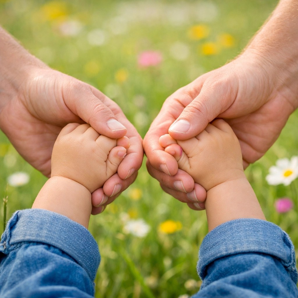Close-up of parents holding a child’s hand, representing life insurance for Milton families.