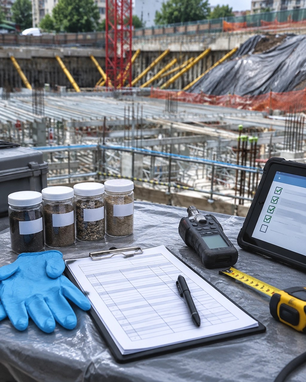 Organized environmental compliance documentation beside a controlled excavation, including sample containers, field forms, measuring tools, and a tablet checklist