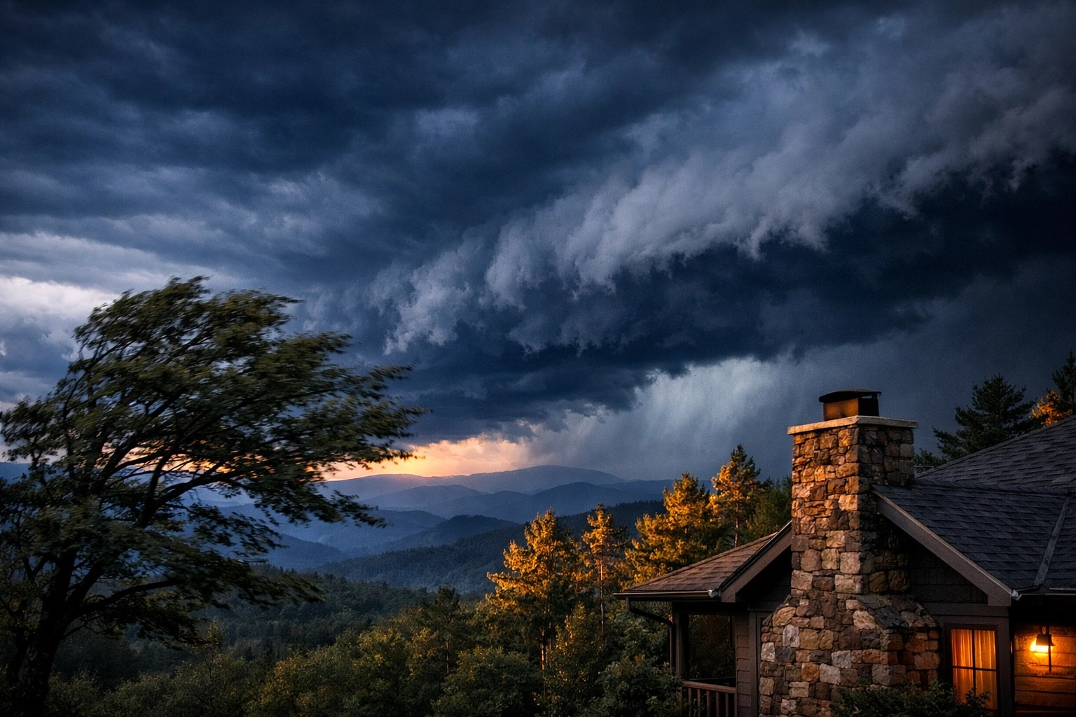 A storm moving over North Georgia mountains near a home, highlighting local wind and hail weather risks.