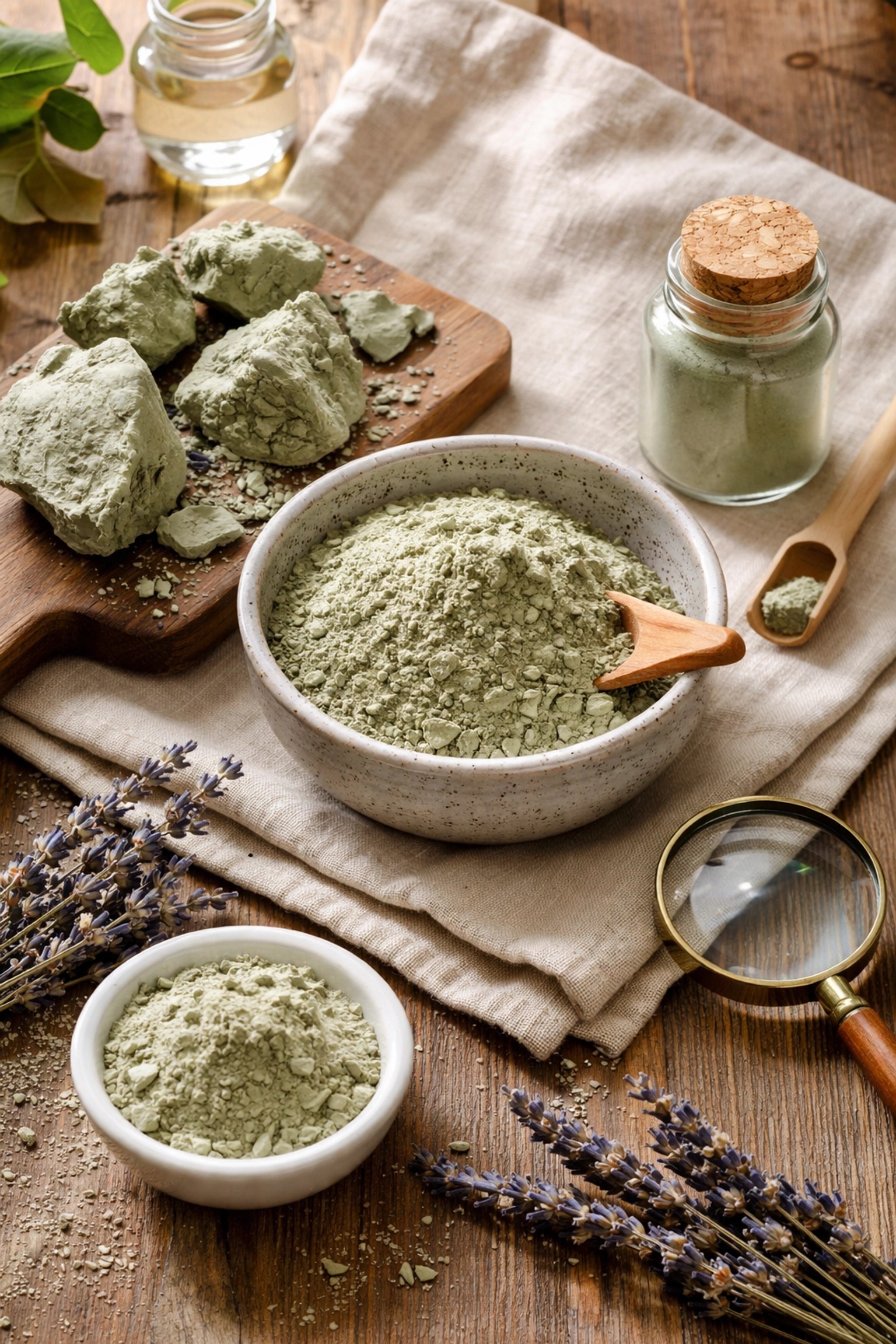 Raw French green clay chunks and powder arranged for quality inspection and purity verification