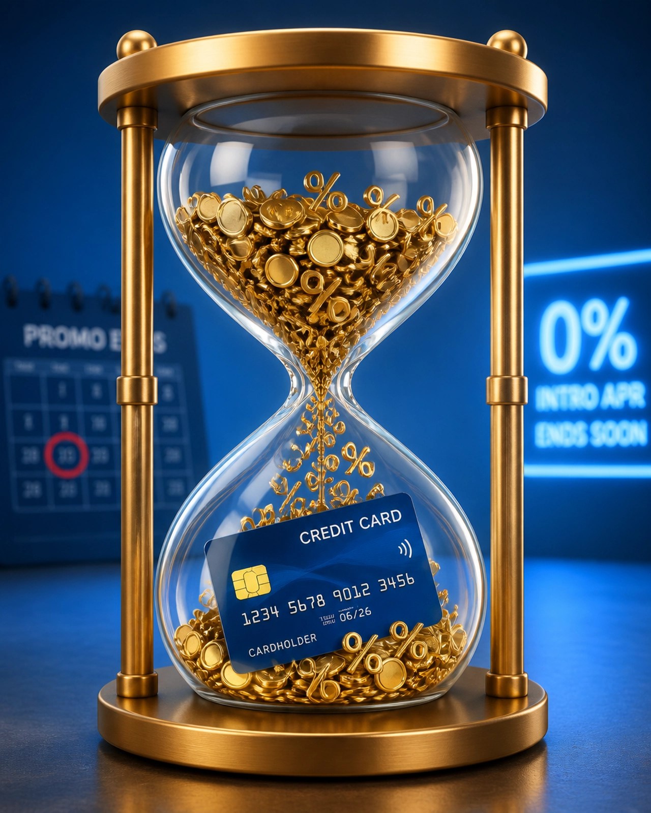 Conceptual hourglass with a credit card inside, representing the cost of interest over time