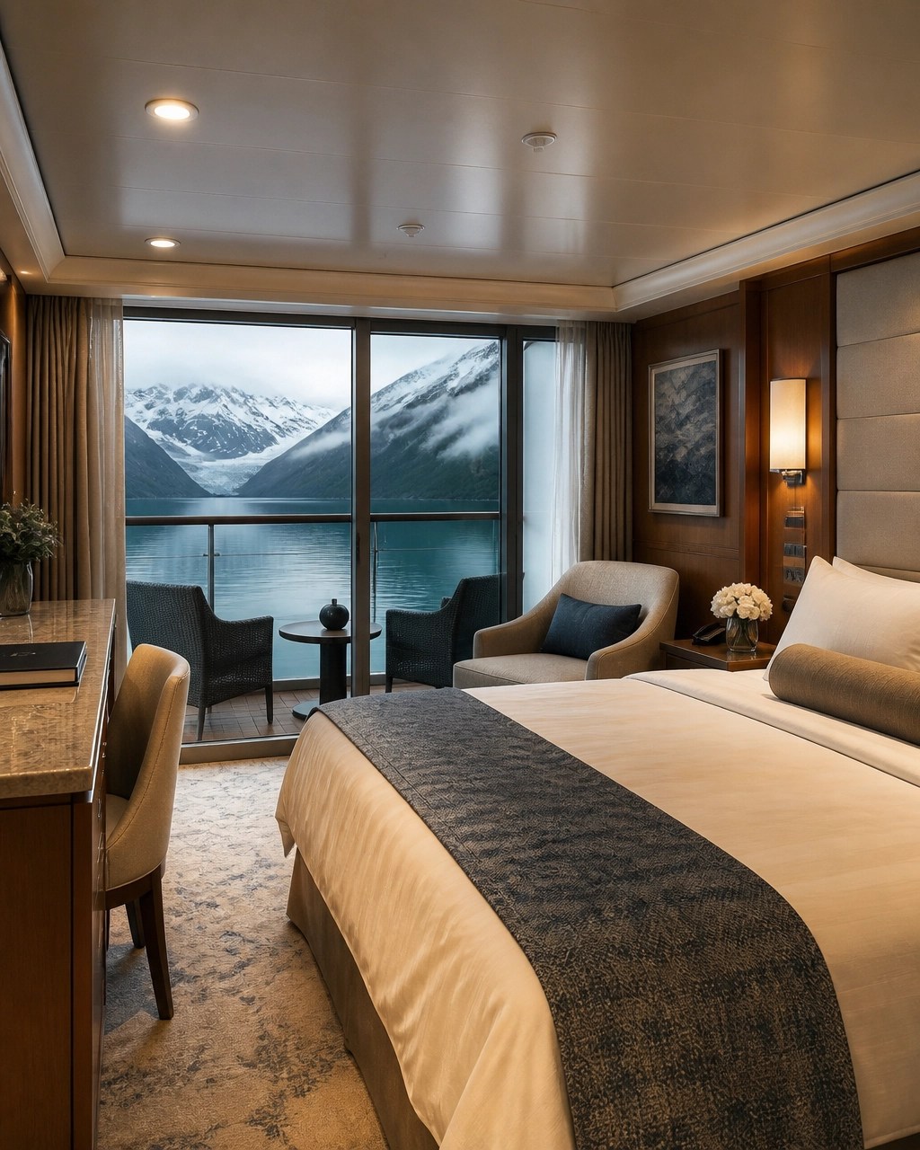 An elegant balcony cruise cabin with warm design details and a misty Alaskan fjord view