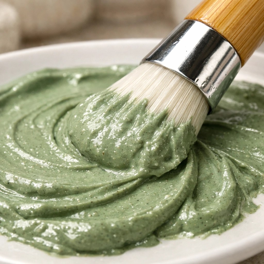 A close-up of a creamy green clay mask being applied with a soft bamboo brush for deep pore cleansing.
