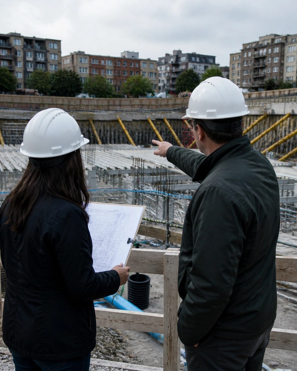 Environmental consultant and civil engineer reviewing a site plan at an urban construction site near existing residential buildings