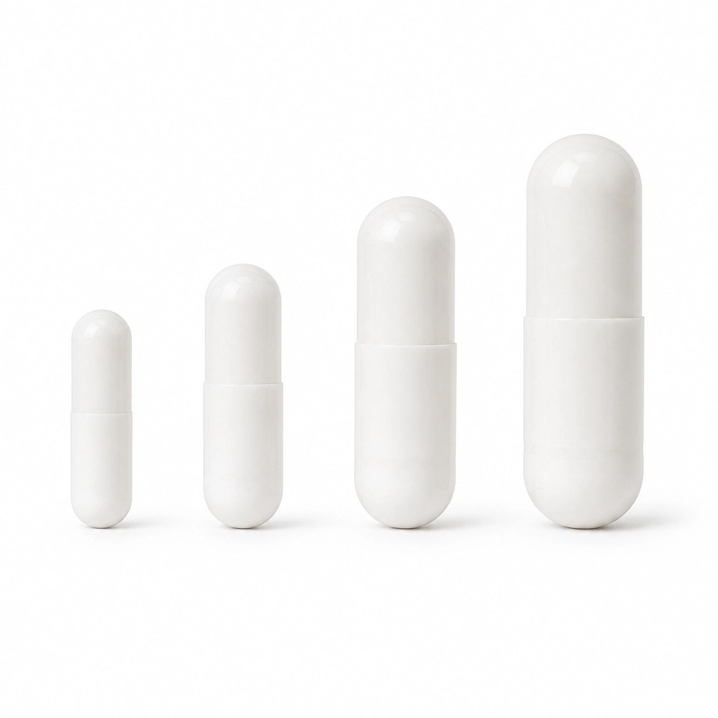 Four supplement capsules of different strengths in an ascending row