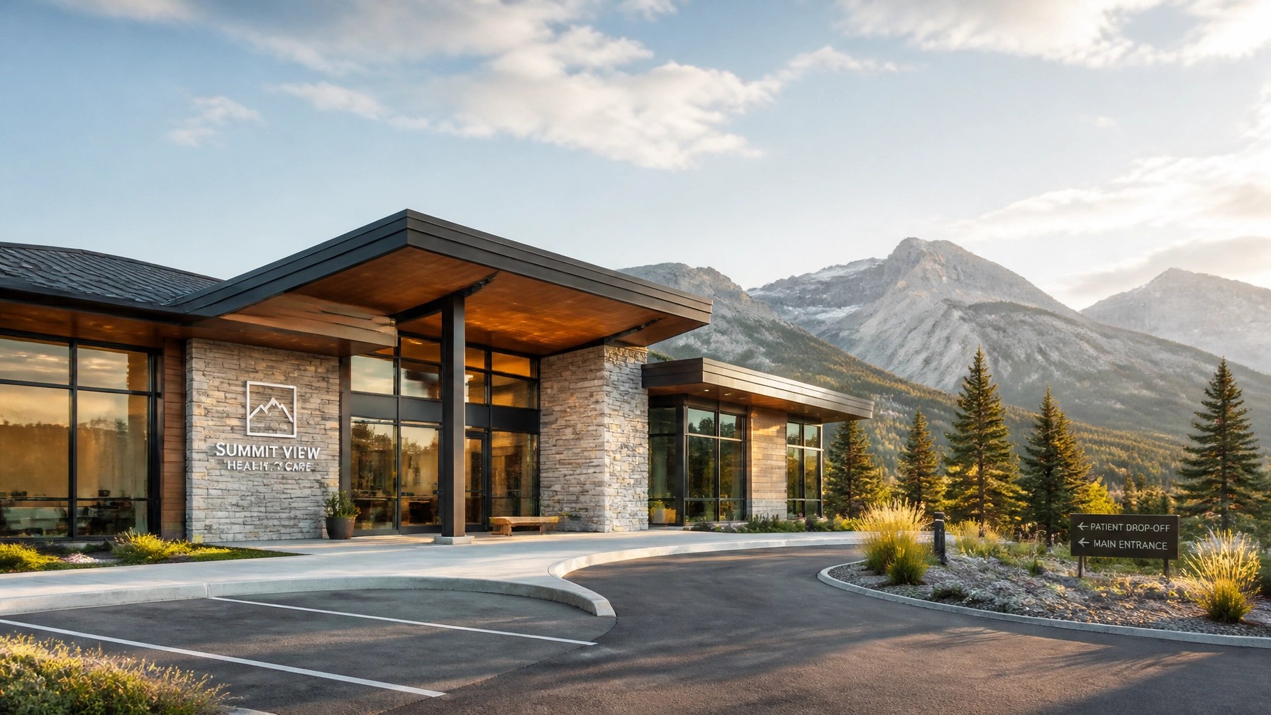 A modern medical facility in a scenic, remote landscape